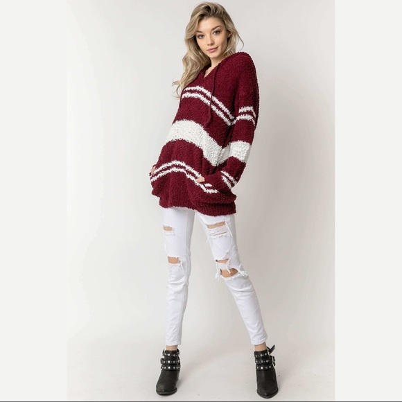 Burgundy & White Striped Popcorn Hoodie - Picture 5 of 5